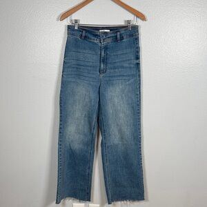 OAT New York High Rise wide Leg Trouser Jean medium wash frayed hem size 8